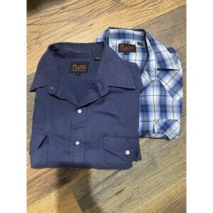 Lot Of 2 PLAINS WESTERN WEAR Vtg Blue Plaid Short Sleeve Pearl Snap Men's M